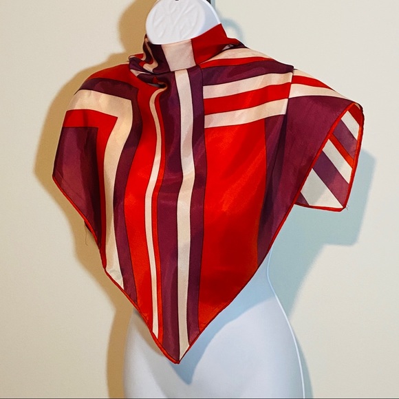 Vintage Red Purple White Asymmetrical Line Print Square Scarf - Picture 1 of 12